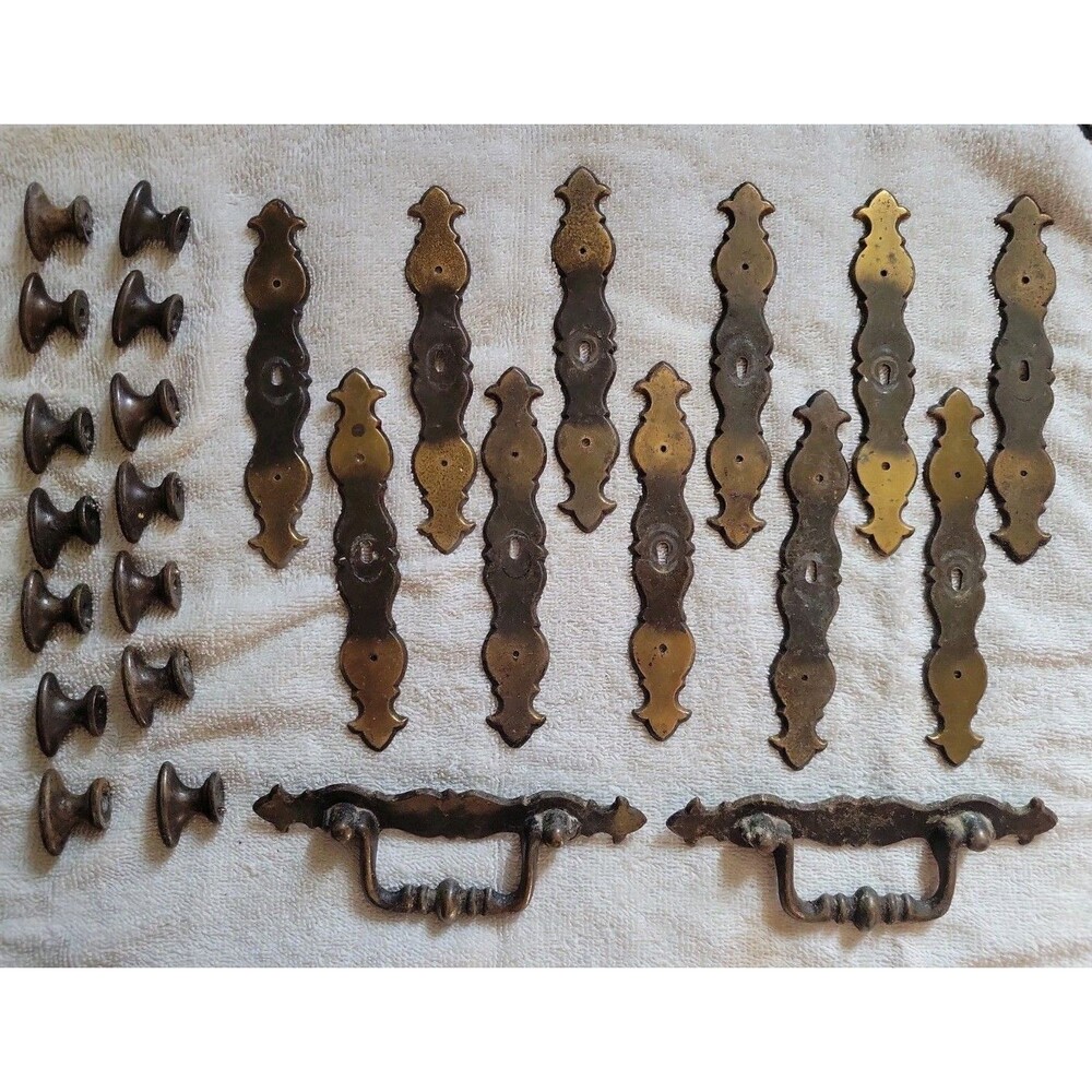 Vintage Drawer Pulls w/Back Plates - MCM - Patina - Reclaimed - Lot of 27